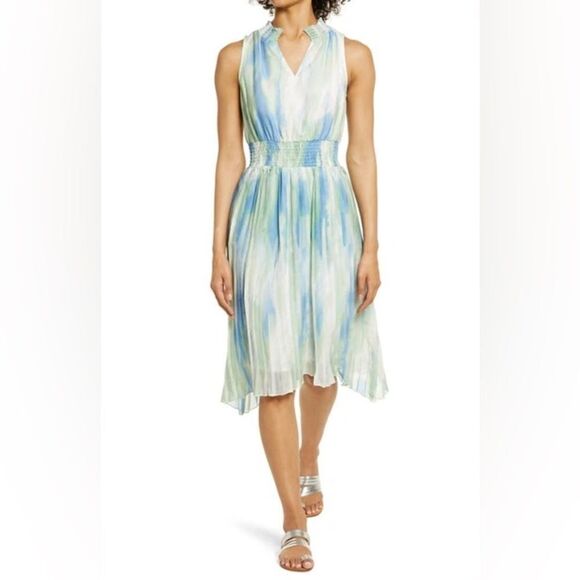 BTFL-Life Tie Dye Pleated Chiffon Dress Blue Green White NWT Size Large - Picture 1 of 13